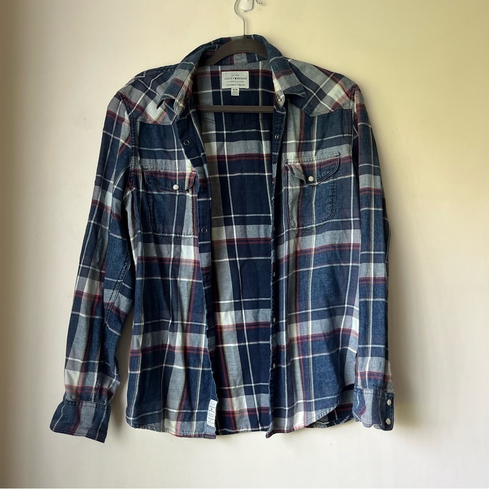 Lucky Brand Mens Saturday Stretch Navy Blue White Red Plaid Flannel Shirt M